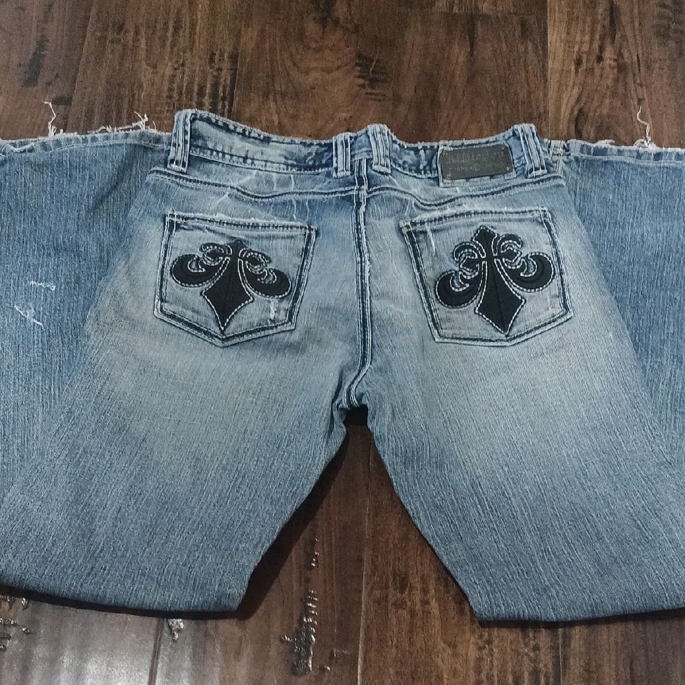 Affliction Blue Bootcut Jeans with Fleur-de-Lis Stitching Skulls on inside